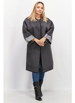 Buy Women Crew Neck Long Sleeve Trench Coat, Grey in UAE