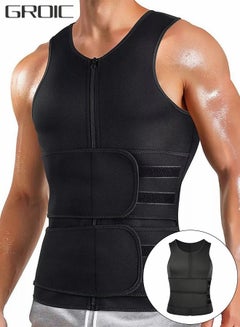اشتري Men's Waist Trainer  Sauna Vest Weight Loss Body Shaper Sweat Vest for Men with Double Belt and Zipper, Corset Plus Size XL في الامارات