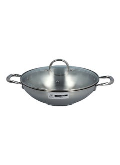 Buy Stainless Steel Induction Wok with Lid Clear and Silver and Clear 32 cm in Saudi Arabia