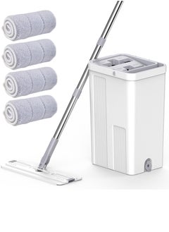 Buy Qiccijoo Mop and Bucket with Wringer Set,Hands Free Flat Floor Mop and Bucket Set for Home Floor Cleaning,Stainless-Steel Handle 4 Washable & Reusable Microfiber Pads for Hardwood Laminate Floors,Tile in UAE