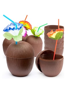 Buy 18 Pieces Coconut Cups with 18 Pieces of Plastic Colorful Hibiscus Straws for Hawaiian Luau Kids Party Summer Beach Party Tiki and Beach Theme Party Fun Drink or Decoration Cups in Saudi Arabia