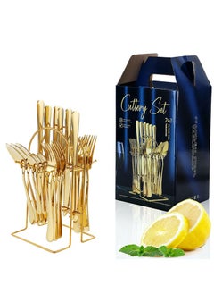 اشتري 24 Piece Gold Silverware Set Service for 4, Premium Stainless Steel Flatware, Mirror Polished Tableware for Home Kitchen, Dishwasher Safe Eating Utensils في الامارات