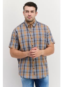 اشتري Men Regular Fit Checkered Short Sleeve Casual Shirts, Grey/Orange Combo في الامارات