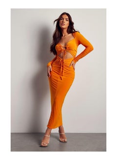 Buy Slinky Ruched Front Cut Out Midi Dress in UAE