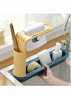 Buy Telescopic Sink Storage Rack Adjustable Length 3-in-1 Sink Organizer Tray Holder Sponge Soap Holder with Dishcloth Hanger Chopstick Storage Expandable Storage Drain Basket for Home Kitchen in UAE