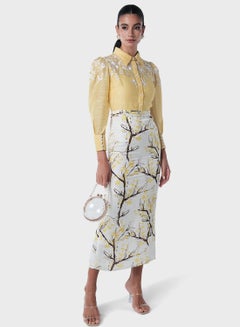 Buy Embroidered Neck Printed Skirt Dress in Saudi Arabia