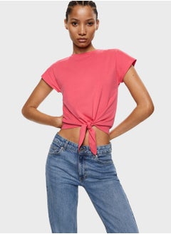 Buy Round Neck Tie Detail Crop T-Shirt in Saudi Arabia