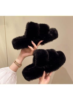 Buy Autumn Winter Womens Fluffy Slides, Fashion Cross-Strap Rabbit Fur Thick-Soled Slippers Double strap(Black) in UAE