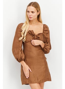 Buy Women Tie Front Long Sleeve Mini Dress, Brown in UAE