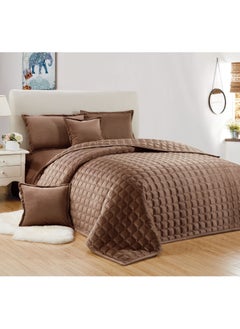 Buy 6 Pieces Solid Color Comforter Set For All Season King Size 220x240 Cm Velvet Bedding Set Double Side Square Stitched Design Brown in Saudi Arabia