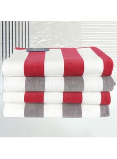 Buy 4 Piece Bathroom Towel Set TREND 450 GSM 100% Cotton Velour 4 Bath Towel 70x140 cm Red & Grey Color Modern Stripe Design Luxury Touch Extra Absorbent in UAE