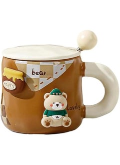 Buy Korean Cartoon Teddy Bear Ceramic Mug with Lid and Spoon - 400ml in UAE