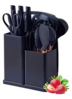 Buy 19 Pieces Kitchen Utensils and Knife Set with Block, with 9 Piece Silicone Cooking Utensils Set 5 Piece Sharp Stainless Steel Chef Knife Scissors Whisk Tongs (BLACK) in UAE