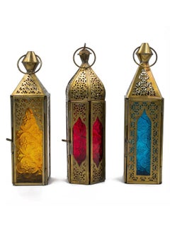 اشتري Embossed Glass Arabic Lantern for home decor and garden Vintage Moroccan Style Candle Holder | Home Decorative Lanterns in multi colour lantern which is red yellow blue color are best decor item في الامارات