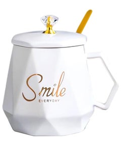 Buy UKR Smile Premium Coffee Tea Mug with Spoon and Lid,Ceramic Water Cup Office and Household Personality Coffee Mug Tea Cup (WHITE) in UAE