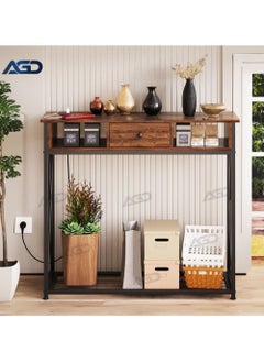 Buy AGD Entryway Console Table with Cabinet, Distinctive Table for Living Room Bedroom 100x30x90cm with Charging Base, Modern Coffee Table with Storage Shelf, Drawers and Power Outlet, Brown in Saudi Arabia