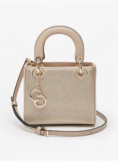 Buy Women's Stud Embellished Tote Bag with Double Handles and Logo Charm in UAE