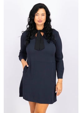 اشتري Women Tie Neckline Long Sleeve Plain Mini Dress, Navy في الامارات