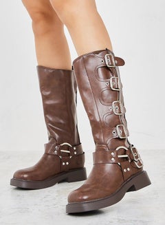 Buy Leather Look Side Buckle Detail Boots in Saudi Arabia
