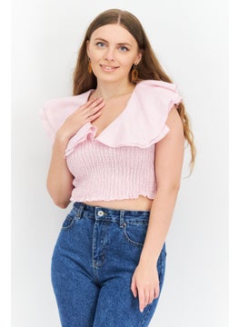 Buy Women V-Neck Cap Sleeve Plain Top, Pink in UAE