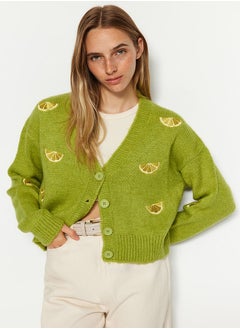 Buy Green Soft Textured Embroidery Detail V Neck Knitwear Cardigan TWOAW24HI00237 in Egypt