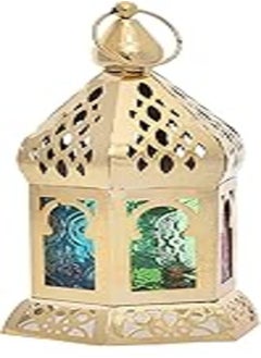 اشتري Generic Metal Medium Classic Lantern With Engraved Holes And Colorful Sides Design It Contains Designated Place To Put Candle Suitable For Ramadan Atmosphere - Gold في مصر