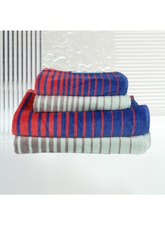 Buy 4 Piece Bathroom Towel Set Boundry 450 Gsm 100% Cotton Velour 2 Bath Towel 70X140 Cm & 2 Hand Towel 50X90 Cm Assorted Color Modern Stripe Design Luxury Touch Extra Absorbent in UAE