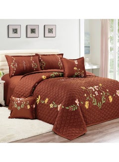Buy Sleep night Floral Compressed 4 Pieces Comforter Set Single Size 160 X 210 Cm All Season Reversible Bedding Set Geometric Quilted Stitching Design Brown in Saudi Arabia
