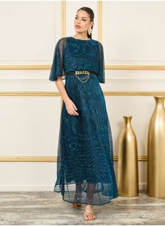 Buy Plisse Lurex Chain Accent Waist A-Line Maxi Dress in Saudi Arabia