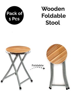 Buy Pack of 1 Pcs Portable Round Folding Table Foldable Furniture Stool Chair Lightweight Wooden Stool Seating Top For Home Indoor Outdoor Picnic Bar Seat With Metal Frame in UAE