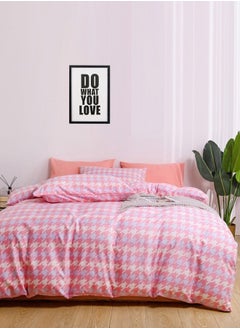 Buy 6-Piece Checkered Design Pink Color Without Filler Queen/Double Size Bedding Set Includes 1xDuvet Cover 200x230cm, 1xFlat Sheet 230x250cm, 4xPillowcases 50x75cm in UAE