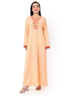 اشتري FLORAL FRONT NECK EMBROIDERED WITH PRINTED ORANGE COLOUR ARABIC KAFTAN JALABIYA DRESS في السعودية