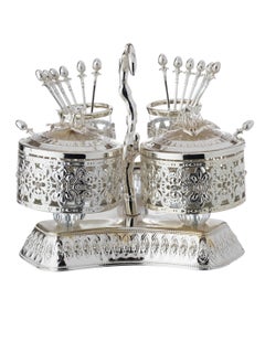 Buy A Set Of 2 Sugar And 12 Silver Metal Spoons With A Beautifully Designed Holder in Saudi Arabia