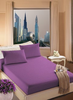 اشتري Faded Purple Cotton Queen Striped Fitted Elastic Bedsheet Set 180x200+35cm في الامارات