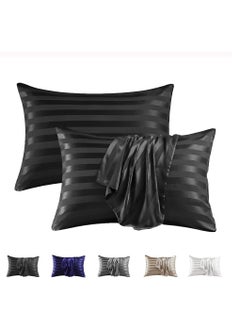 Buy 2-Piece Stripe Silk Satin Pillow Case with Envelope Closure for Hair and Skin Black in Saudi Arabia