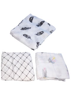 Buy 3-Pcs Baby Swaddle Blanket Unisex Wrap Soft Silky Muslin, Blanket For Boys And Girls Set Of 3- Colorful Feather/Small White Lattice/Black Feather in UAE