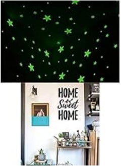 اشتري Bundle of 100 Pcs Home Wall Glow In The Dark Stars Stickers Kids Room Decoration + Home sweet home sign wood sticker wall art 80x60 في مصر