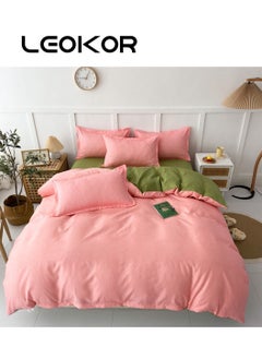 اشتري 4-Piece Fashion and Solid Color Duvet Cover Set Cotton Pink/Green 200x230cm في السعودية