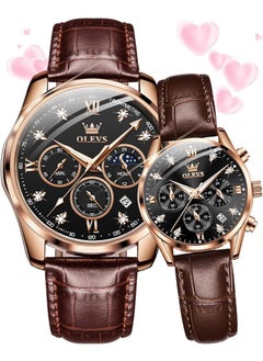 اشتري OLEVS Valentines Couple Pair Quartz Watches His and Her Couple Set Leather Chronograph Diamond Wrist Watch Men Women Lovers Wedding Romantic Gifts في السعودية