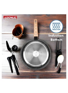 اشتري Auroware 26CM Non Stick Frying pan Black Forged Aluminium 3 Layer Marble Coating Kitchen Dishwasher Safe PFOA Free Healthy cook and Safe في الامارات