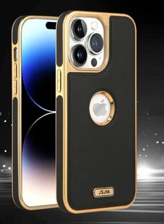 Buy Upscale 14 Pro Max Luxury Premium Leather Back Cover Soft Protective Mobile Phone Case Black/Gold in UAE