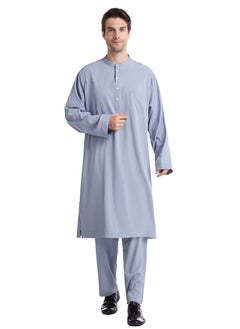 اشتري Men's Solid Color Round Neck Long Sleeve Abaya Robe Set Islamic Arabic Casual Kaftan Set Dusty Blue في السعودية