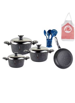 Buy Granite cookware set with stainless steel lids, consisting of 14 pieces, made in Turkey, grey/silver in Saudi Arabia