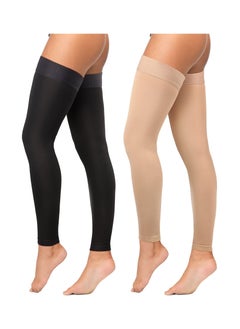 اشتري 2 Pairs Thigh High Compression Stockings, Footless 20-30 mmHg Stockings with Silicone Dot Band for Unisex (Beige, Black, Large) في الامارات