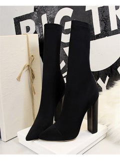 Buy Wood Grain Heel Pointed High Heel Boots 9.5CM Black in Saudi Arabia