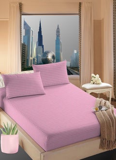 Buy Faded Pink Striped Design Bed Sheet Set Deep Pocket Machine Washable 180x200+35cm in UAE