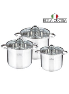 Buy Bella Cucina 6 Pcs Set Casserole With Glass Lid  22*19Cm  7.5 L  24*20Cm  9.5 L 26*21Cm 12 L , Exceptional Durability and Strength Safe Cooking Pot in UAE