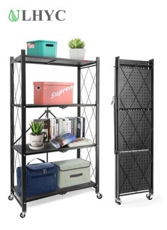 Buy 4 Tier Rolling Cart with Wheels, 31.5” W Metal Shelves for Storage, Collapsible Garage Shelving Unit, Storage Shelves for Kitchen, Basement, Laundry, Pantry (Black) in Saudi Arabia