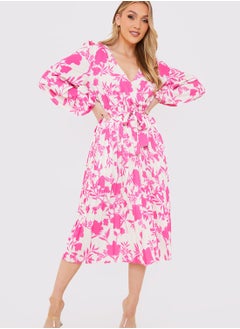 Buy Floral Print Pleated Belted Dress in UAE