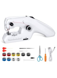 Buy Handheld Sewing Machine, Portable Mini Machine Electric Stitch Tool, with Accessories, Suitable for Clothing, Curtains, Denim, Leather(White) in UAE